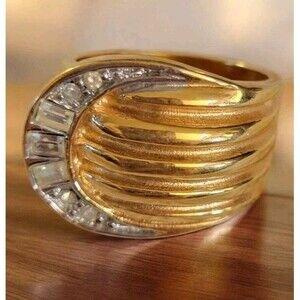 Chunky 18K Yellow Gold HGE  Baguette Round Stone Cocktail Ring Size 8 Marked A